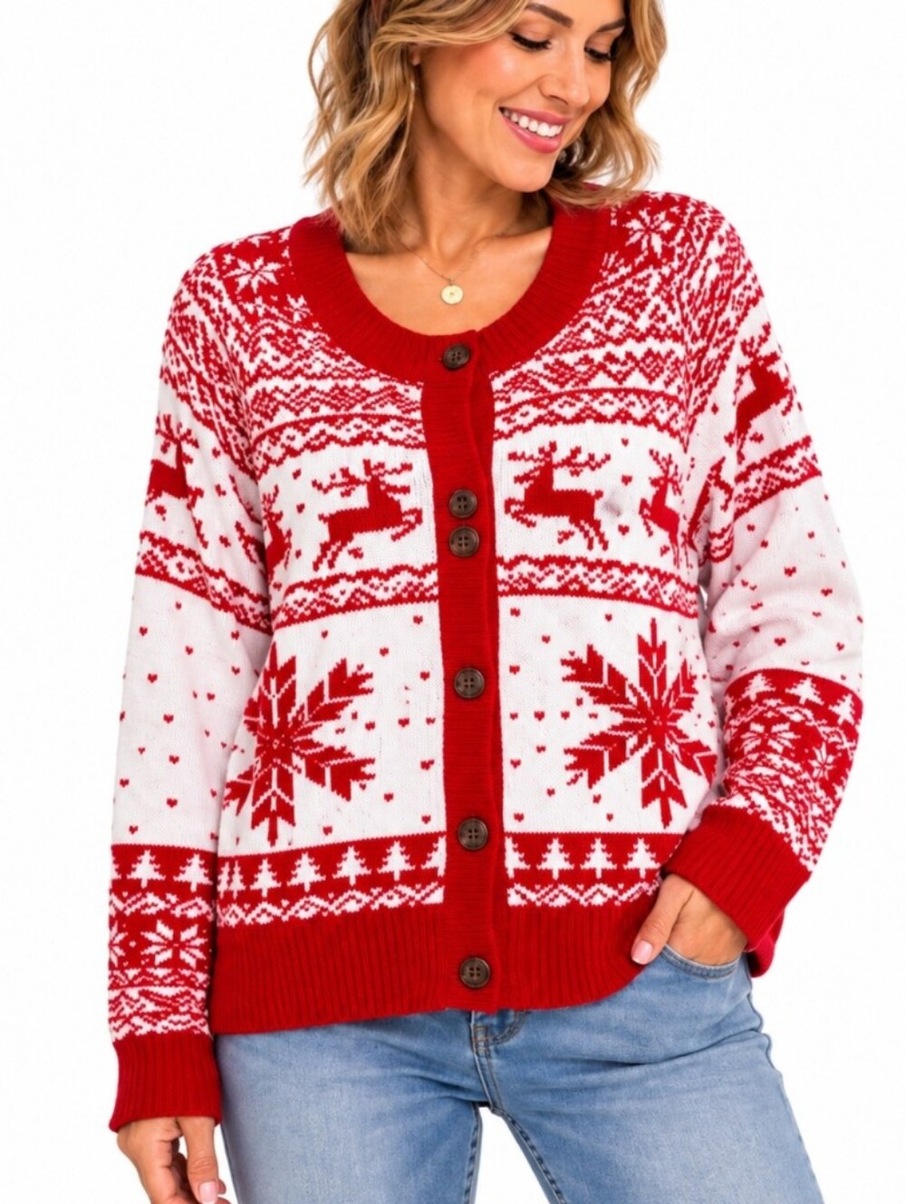 Dec. 25th XL Christmas Cardigan Red White Reindeer Snowflake Holiday Sweater